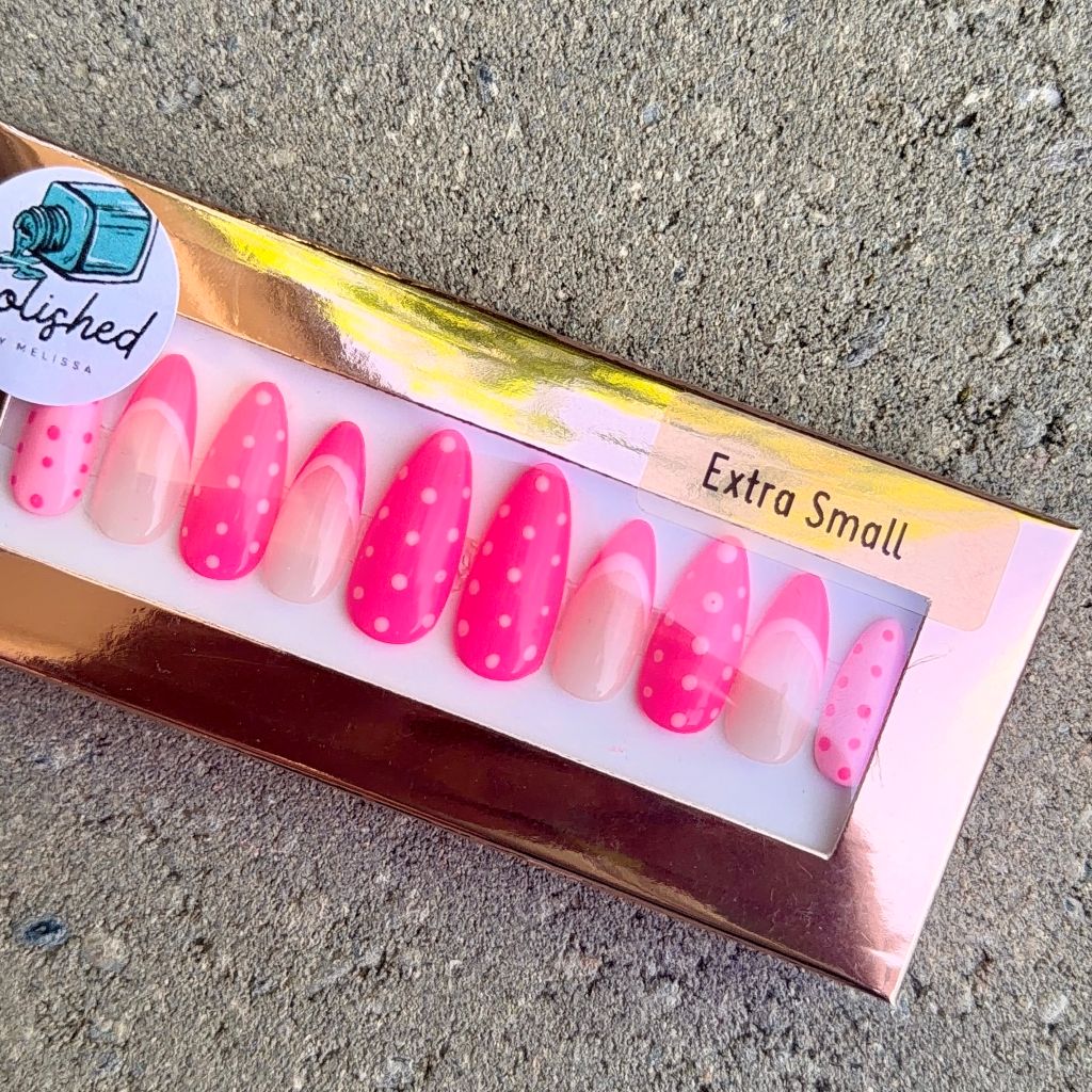 Pink French Dots | Size: Extra Small | Shape: Medium Almond | SKU 2256
